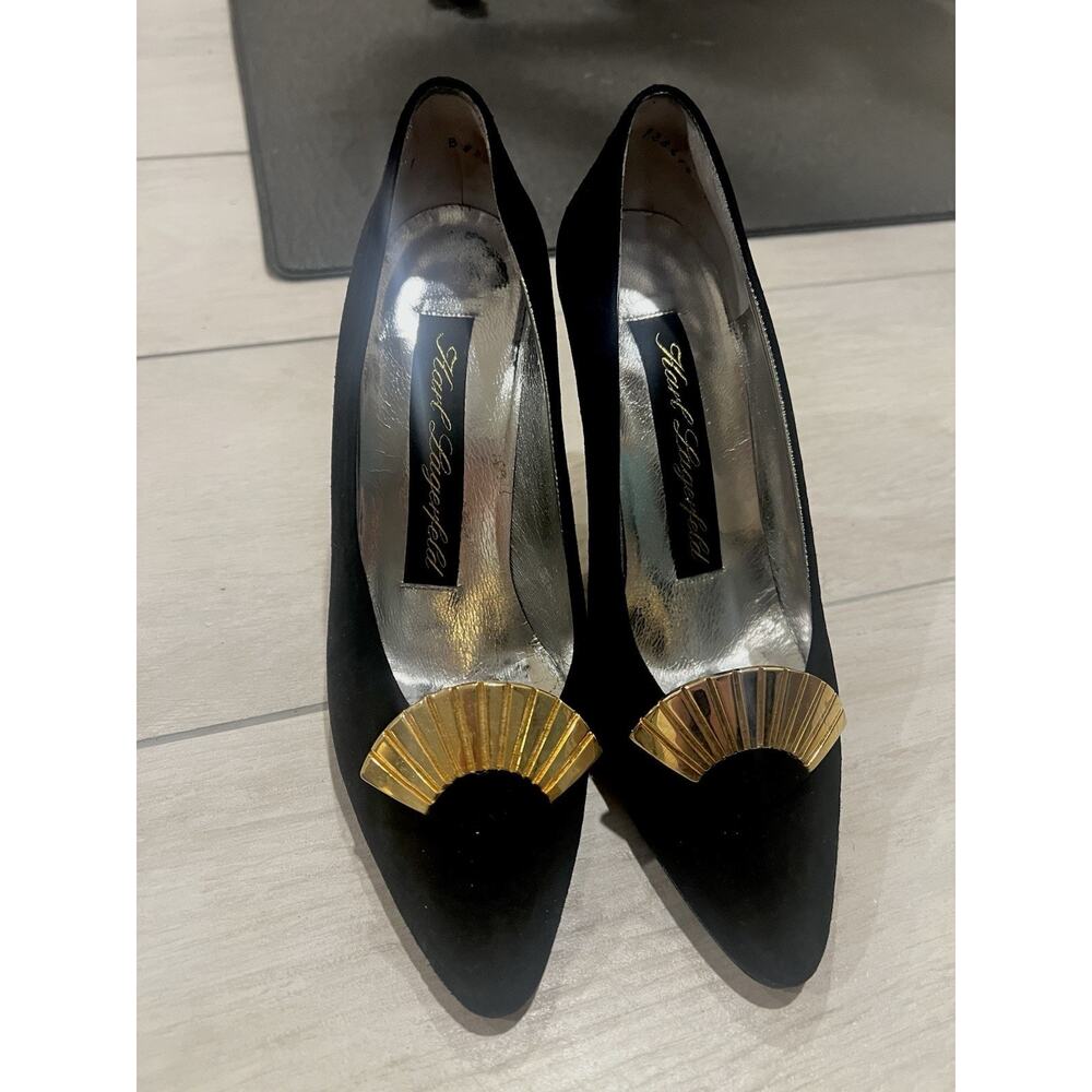 Vintage Karl Lagerfeld Black Suede Glamour Heels Gold Fan Accent Women Size 7